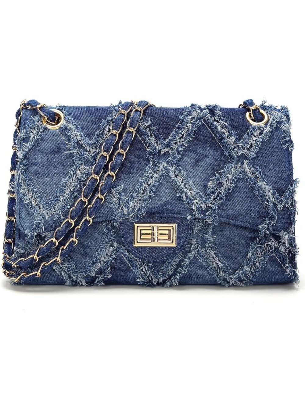 Women's Denim Blue Quilted Leather Satchel Chain Strap Crossbody Shoulder Bag